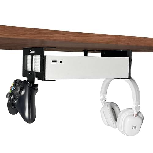 Chanvoo Aluminum Under Desk Mount Compatible with Xbox Series S, Xbox One S/X, Xbox 360, Securing Under Desk Bracket with Detachable Controller & Headphone Holder Kit No Drill (Black) - Image 1