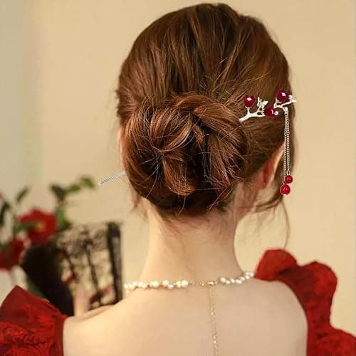 inSowni 8 Pieces Retro Vintage Asian Chinese Traditional Hanfu Gold Metal Rose Flower Butterfly Hair Pins with Bead Pendants Long Hair Sticks Forks Bun Updo Holders Hairpins for Women Girls thumbnail 5