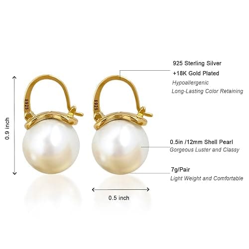 OwMell Elegant 925 Sterling Silver Pearl Drop Earrings Dangle Stud Gold Plated Earrings for Women Large Size 12mm thumbnail 6