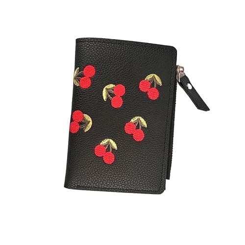 Aoaoss Small Wallet Women I Cherry Wallet I Women'sCute Embroidered Short Wallet I Women and Girls Daily Life Fashionable Versatile Pu Leather Zipper Wallet I Cherry Print Ladies Mini Purse (Black) - Image 1