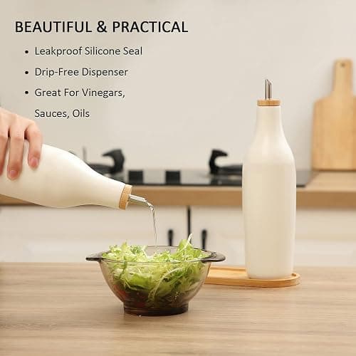 HOMCDALY Ceramic Olive Oil Dispenser for Kitchen, Stoneware 16oz Oil and Vinegar Bottles Dispenser, Kitchen Dispenser Bottle for EVOO Vinegar Syrups, Modern Farmhouse Design(W) thumbnail 4