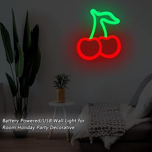 Cherry Neon Sign Red Green Cherries Neon Lights 7.5 * 8.9IN Cherry Neon Signs for Wall Decor, Cute Fruits LED Signs for Kids Room Restaurant Bar Fruit Shop Home thumbnail 7