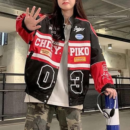 POHADON Varsity Jacket For Women Patchwork Long Sleeve Racing Bomber Letterman Jackets Color Block Y2k Vintage Streetwear - Medium - Red thumbnail 4