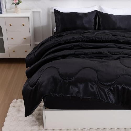 A Nice Night Satin Silky Soft Quilt Luxury Super Soft Microfiber Bedding Thin Comforter Set Full/Queen, Light Weighted (Black, Queen) - Black - Queen - Image 1