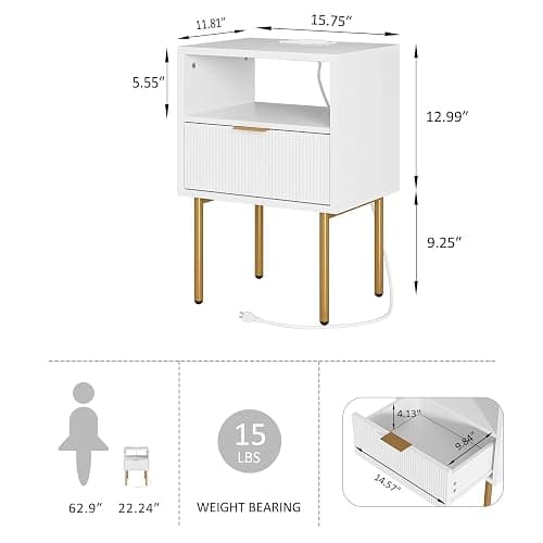 AEPOALUA Nightstand with Charging Station,Morden Bedside Table with Gold Frame,Small White Night Stand,End Table,Bedside Furniture,Side Table with Drawer and Shelf for Bedroom,Living Room thumbnail 2