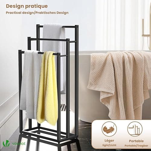 VOUNOT® Porte-Serviettes autoportant sur Pied Support à 3 Niveaux en Métal Rangement Stable pour Serviettes de Bain et Accessoires Idéal à Côté de la Douche Baignoire ou Lavabo Noir thumbnail 7