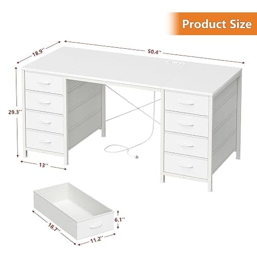50 Inch Computer Desk with 8 Drawers for Home Office, Bedroom, Living Room | Home Office Desk with Power Outlets, Work Study Gaming Desk with 8 Fabric Drawers, Vanity Desk for Bedroom thumbnail 2