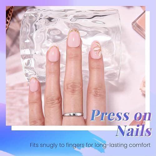 XZMeiLun 3D Gold Line French Tips Press On Nails Oval Short, White Flower French Tip Designer Reusable Acrylic Nails Press Ons, Fake Nails With Glue On Nail, Daily Wear Floral False Nails For Women thumbnail 2