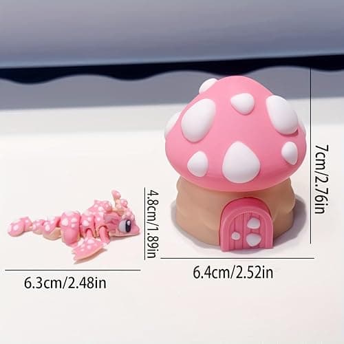 3D Printed Cute Mushroom House + Mushroom Dragon Toy Set,Cute Figurine Desktop Decorative Sculpture Ornament (Pink) thumbnail 3