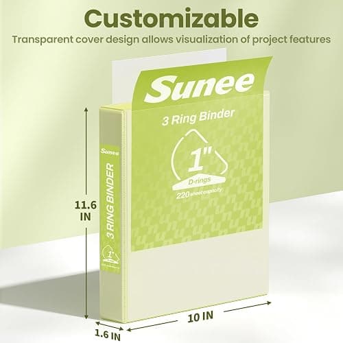 SUNEE 3 Ring Binder 1 Inch D Ring, Clear View Binder Three Ring PVC-Free (Fit 8.5x11 Inches) for School or Office Supplies, Yellow, 1 Pack thumbnail 2