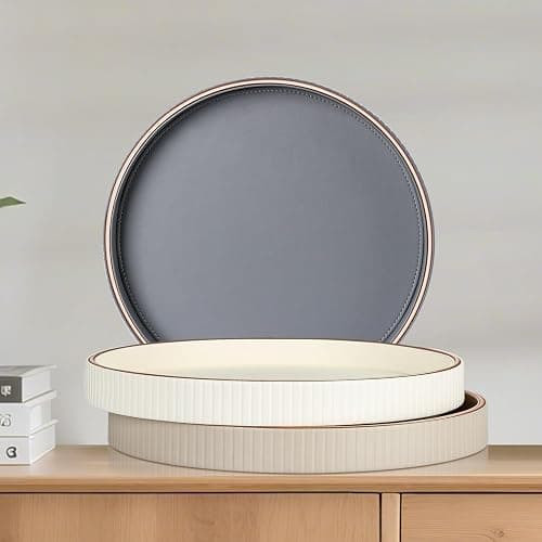GORESE 12" Round Decorative Tray for Coffee Table, PU Leather Compact Serving Tray for Home Decor & Everyday Accents, Modern Nightstand Tray for Jewelry & Perfume, Beige thumbnail 8