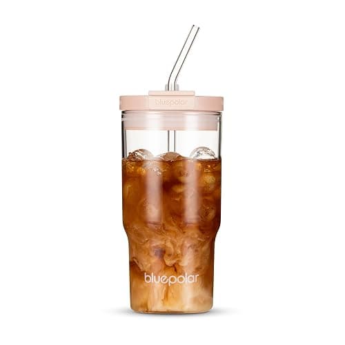 Glass Coffee Cups with Lids and Straws - 20 oz Juice Bottles Leak-Proof Travel Water Glass Tumbler for Smoothies, Iced Coffee, Matcha,Flower Tea and Cold Beverages - Durable and Eco-Friendly (pink) - Image 1