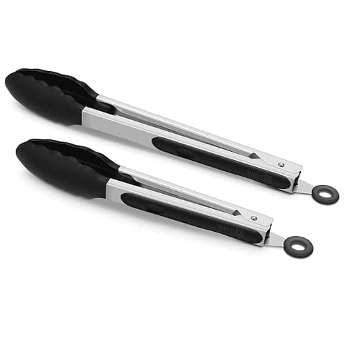 2 Pack Black Kitchen Tongs, Premium Silicone BPA Free Non-Stick Stainless Steel BBQ Cooking Grilling Locking Food Tongs, 9-Inch & 12-Inch - Image 1