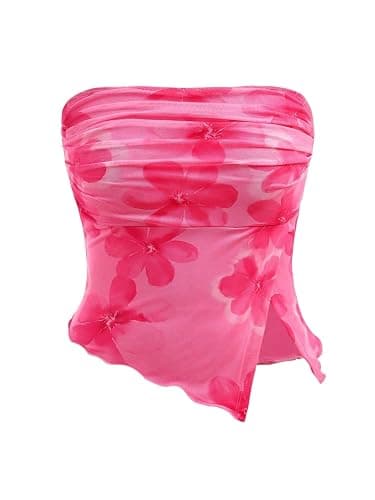 Milumia Girl's Floral Ruched Tube Top Strapless Lettuce Trim Split Hem Bandeau Tops - Image 1