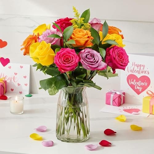 Benchmark Bouquets - Roses Bouquet - Fresh Flowers for Delivery - Real Flowers - One Dozen Long Stem Roses Assorted Colors - Gift Roses in a Box - Valentines Day for Her (Glass Vase Included) - Flores thumbnail 5