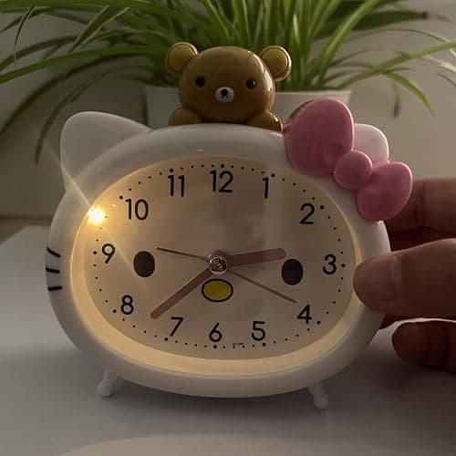 Fuxizest Cute Cat Alarm Clock, Kawaii Alarm Clock，Cartoon Cat Clock，Cute Clock，White with Pink Bow, Yellow Bear Topper, Kids Room Decor (White with Little Bear) thumbnail 7