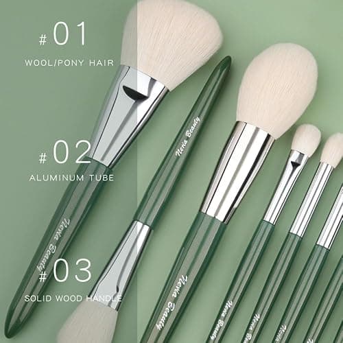 Natural Real Goat Hair Makeup Brushes Set Labeled 9 Piece Face and Eye Brush Set Ultra soft hair Foundation, Concealer, Blush, Contour, Blending, Eyeshadow Kabuki travel makeup brush set (green) thumbnail 6