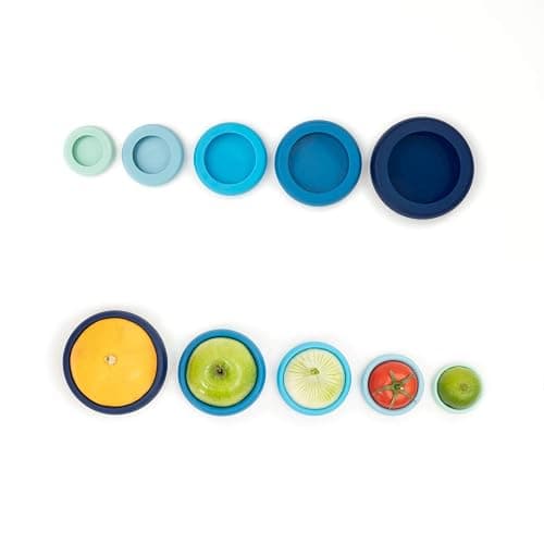 Food Huggers 5pc Reusable Silicone Food Savers | BPA Free & Dishwasher Safe | Fruit & Vegetable Produce Storage for Onion, Tomato, Lemon, Banana, Cans & More | Round, Ice Blue thumbnail 9