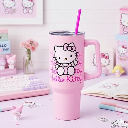 Silver Buffalo Sanrio Hello Kitty Waving, Stainless Steel Tumbler, 40oz | Double Walled, Includes Handle and Straw, Fits in Standard Cup Holder, Drinkware, Water Bottle, Pink, 1.18 Liters thumbnail 10