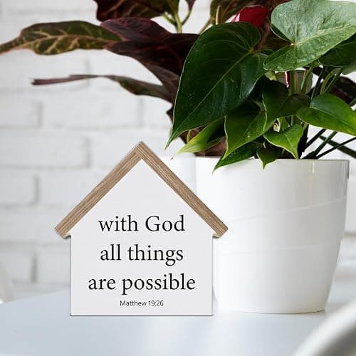 Christian Home Decor, Bible Verse with God All Things are Possible Matthew 19:26 House Shaped Wood Block Sign, Home Living Room Decor for Desk Table Shelf thumbnail 5