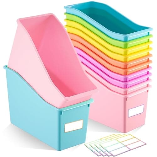 Geetery 12 Pcs Book Bin for Classroom with Labels Stackable Plastic Organizing Bins 11.5 x 5.4 x 7.5 in Book Holders Storage Bins Box Baskets for Classroom Library Home (Pastel Color) - Image 1