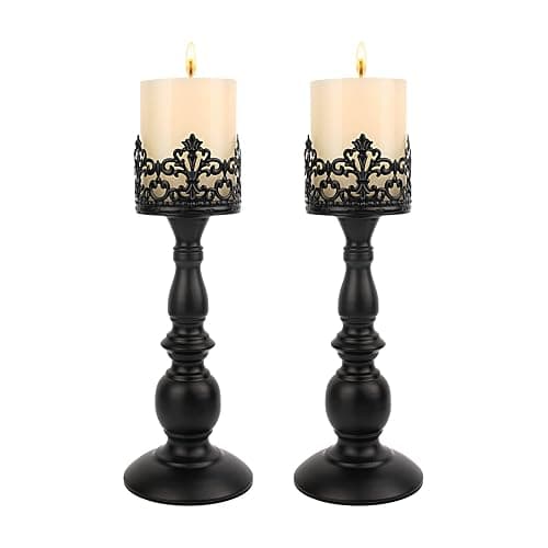Candle Holders for Pillar Candles Gothic Matte Black Vintage Tall Candle Holders Set of 2 Decorative Large Table Centerpieces Candle Stand Decor (Black 2PCS A) - Image 1