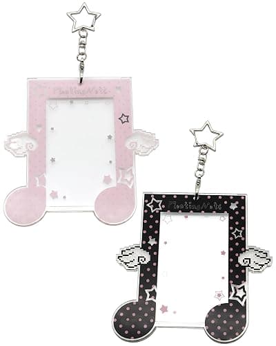 Musical Note Kpop Photocard Holder Keychain with Angel Wing Decor - 2 Pieces Clear Acrylic Protective Badge Holder for ID, Bus, Credit Cards (Pink) - Image 1