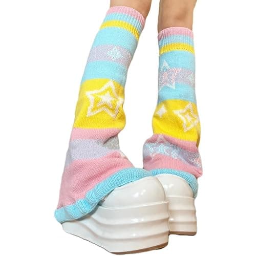 LIURONGNI Candy Color Rainbow Reversible Flared Leg Warmers with Sweet Star Pattern for Women Aesthetic Knitted Foot Covers Socks thumbnail 6