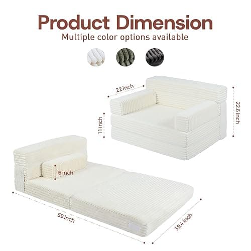 YEPDIN Folding Sofa Bed,Convertible Sofa Bed with Armrest Foldable Sleeper Chair, Portable Folding 4-in-1 Floor Sofa with Convertible Lounge Chair for Living Room,Bedroom,Washable Cover,White Single thumbnail 2