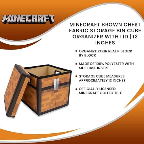 Minecraft Brown Chest 13-Inch Storage Bin Chest With Lid | Foldable Fabric Basket Container, Cube Organizer With Handles, Cubby For Shelves, Closet | Home Decor Essentials, Video Game Gifts thumbnail 7
