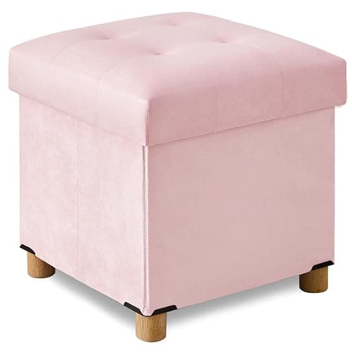 BRIAN & DANY 15" Small Ottoman with Storage Cube, Square Storage Ottoman Foot Stool with Wood Legs, Velvet Ottomans for Living Room, Bedroom, Dorm, Pink - Image 1