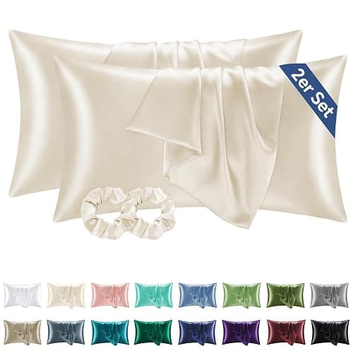 BEDELITE Satin Kissenbezug 40 x 80 Beige - Kopfkissenbezug 2er Set Weich wie Seidenkissenbezug 40x80 Sommer mit 2 Haargummis für Haar und Haut, Similar to Silk Pillowcase Pillow Cover - Image 1