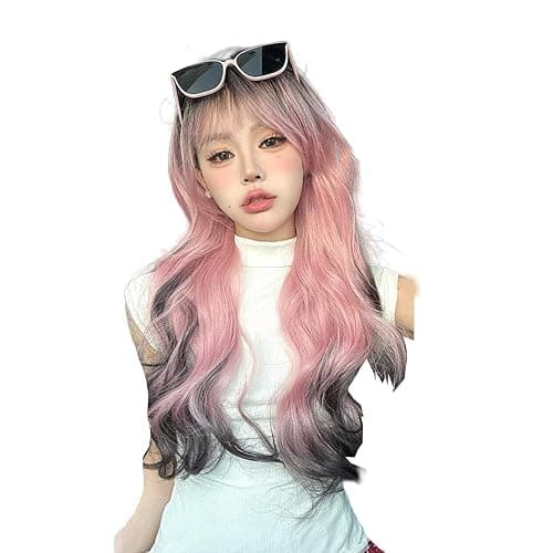 huafan luxkazya Pink Black Brown Gradient Long Wavy Wig for Women Lolita Ombre Pink Curly Wig Natural Looking Synthetic Wigs Hair Replacement Wigs for Daily Party Use thumbnail 5