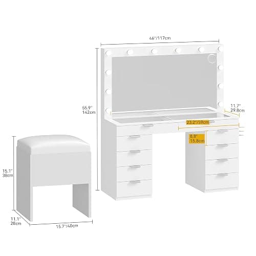 DWVO Vanity Desk Set with Mirror & Power Outlets, Vanity Table with Stool, 12 LED Bulbs, 3 Dimmable Light Colors, 10 Drawers, Hair Dryer Rack & Magnifying Mirror thumbnail 2