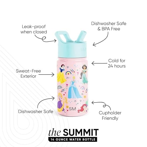 Simple Modern Kids Summit Water Bottle with Straw Lid | Disney Princess 14oz Stainless Steel Cup Insulated Tumbler for Girls, School | Princess Rainbows - Disney-Princess Rainbows - 14 Ounces thumbnail 3