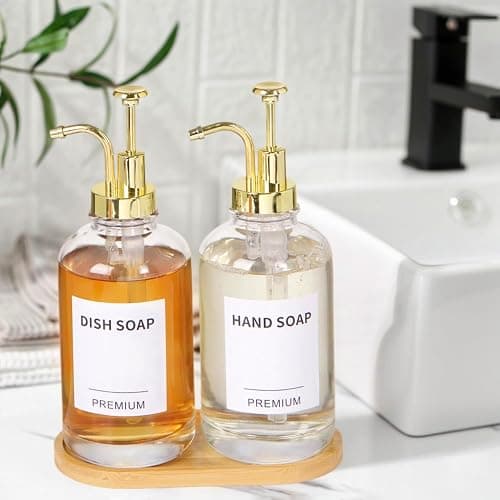 Dish Soap Dispenser for Kitchen, Hand Glass Soap Dispenser Set with Pump, Tray, Funnel for Bathroom, Shower, Laundry, Liquid, Lotion (Gold 2 Pack 18 Oz Clear Bottles with 12 Stickers) thumbnail 2