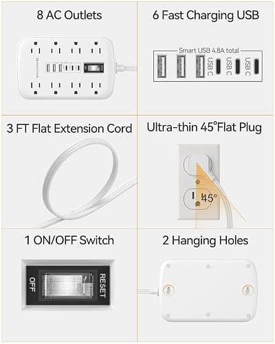Flat Plug Power Strip with USB Ports - Flat Extension Cord 3FT with 8 AC Outlets 6 USB(3 USB C), Short Extension Cord Surge Protector Multi Plug Wall Plug for Travel, Home, Dorm Room Essentials, White thumbnail 4