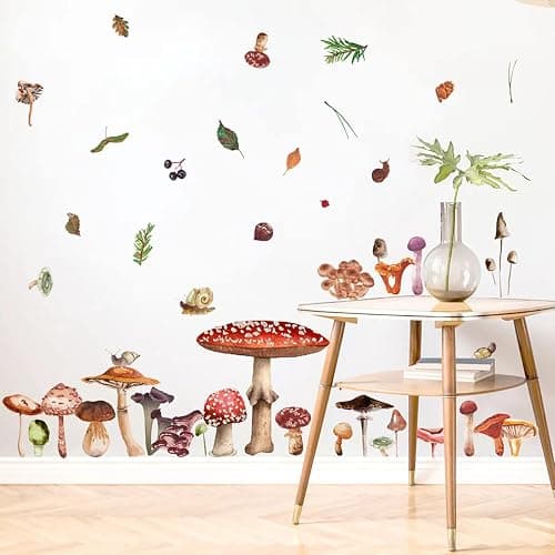 Glenmal 72 Pcs Watercolor Mushroom Wall Decals Giant Mushroom Decal Walls Peel and Stick Removable Decor Wallpaper Vinyl Sticker for Bedroom Furniture(Retro Style) - Image 1