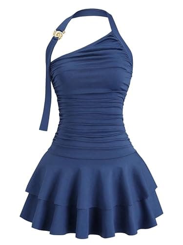 MakeMeChic Women's Y2k Halter Mini Dress Backless Ruffle Short Going Out Dress - Image 1