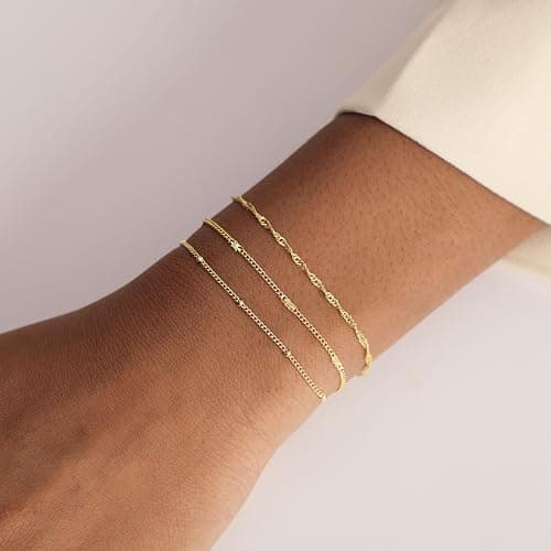 Sewyer Dainty Bracelet for Women 14K Gold Plated Cross Pearl CZ Leaf Bracelets Set Gold Layering Bracelets Everyday Jewelry thumbnail 3