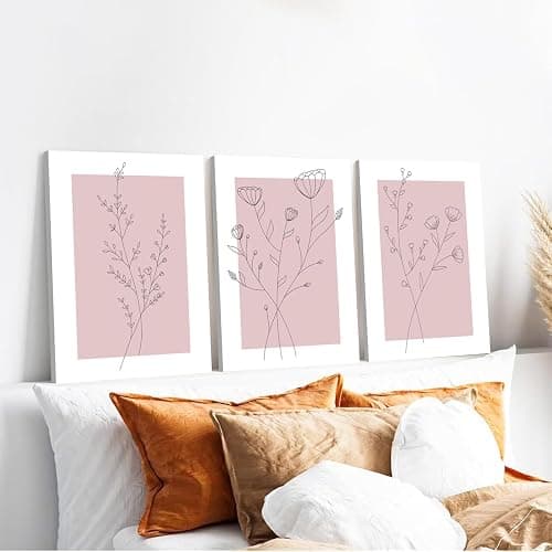 WARTHZ Pink Flower Wall Art Light Pink and White Botanical Line Pictures Wall Decor Painting Set of 3 Floral Plant Poster Canvas Print for Girl Bedroom Living Room Framed 16x24 inch thumbnail 5