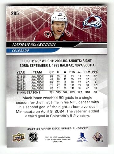 2024-25 Nathan MacKinnon Colorado Avalanche NHL Trading Card thumbnail 2