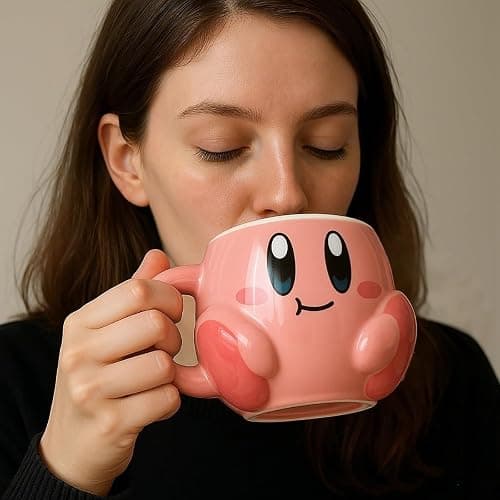 Bibykivn Taza Creativa De Cerámica Regalos Para Niños Y Parejas Cerámica Diseño De Dibujos Animados 500 Mililitros Taza Moca Original Bonita Decorativa Para Café Té Con Tapadera (Kirby) thumbnail 2