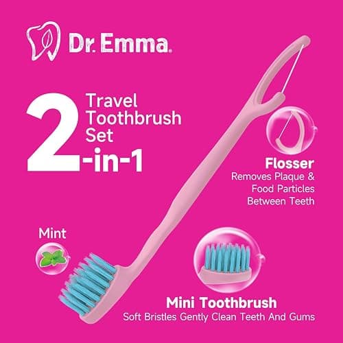 Dr. Emma Mini Brush Disposable Toothbrushes with Floss, Travel Mint Toothbrush for On-The-Go Use, 24 Packs Individually Wrapped Small Portable Toothbrush, Pink thumbnail 3