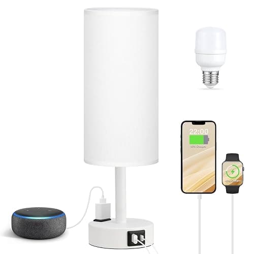 Fenmzee Matte White Bedside Table Lamp for Bedroom - 3 Way Dimmable Touch Lamp USB C Charging Ports and AC Outlet, Small Lamp Round Flaxen Fabric Shade for Living Room, Desk, LED Bulb Included - Image 1