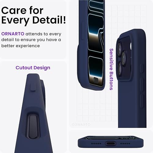 ORNARTO Compatible with iPhone 17 Pro Case 6.3", Slim Liquid Silicone 4 Layers Full Covered Soft Gel Rubber Shockproof Cover, Protective Phone Case for iPhone 17 Pro-Navy Blue thumbnail 5