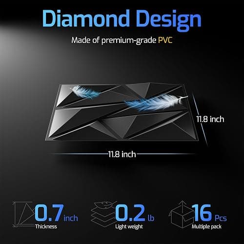 ZELMINE 16 Pack 3D Wall Panels for Interior Wall Decor, 11.8'' x 11.8'' Decorative Wall Panels, Accent Wall Panels, 3D Diamond Design Wall Decor for Living Room, Bedroom, Gaming Room, Black thumbnail 3