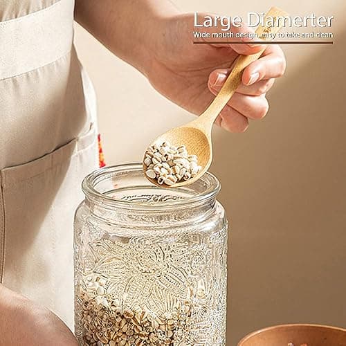 LODIKE 35oz/1000ml Glass Storage Jars with Nature Wood Lids, Airtight Food Storage Containers for Kitchen Organization, Large Capacity for Cookie, Pasta, Sugar, Flour, Cereal - Set of 2 （sunflower） thumbnail 4