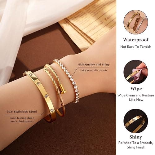 JUNVirtuous 3-Pack Gold Bracelets for Women,18K Gold Plated Bangle Tennis Bracelets Stack Set for Women Trendy Non Tarnish Stainless Steel Gold Bangles Accessories Designer Jewelry Pulseras Para Mujer thumbnail 2