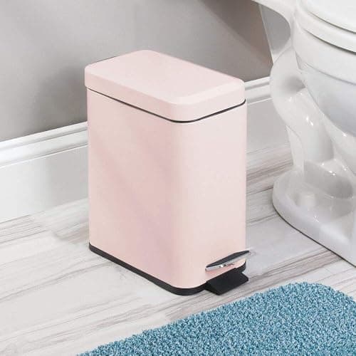mDesign Small Modern 1.3 Gallon Rectangle Metal Lidded Step Trash Can, Compact Garbage Bin with Removable Liner Bucket and Handle for Bathroom, Kitchen, Craft Room, Office, Garage - Light Pink thumbnail 2